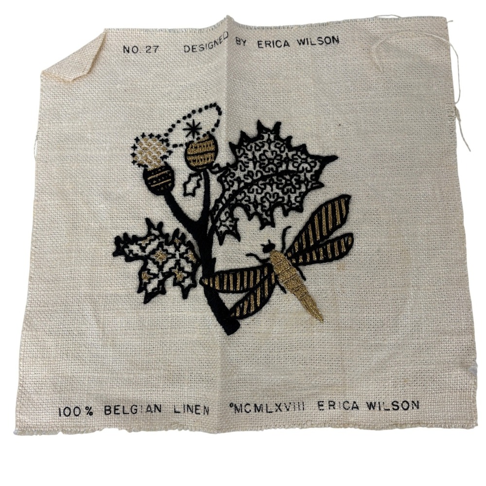 Vintage Erica Wilson 1968 Dragonfly Thistle‎ Belgian Linen Embroidery No 27 Gold